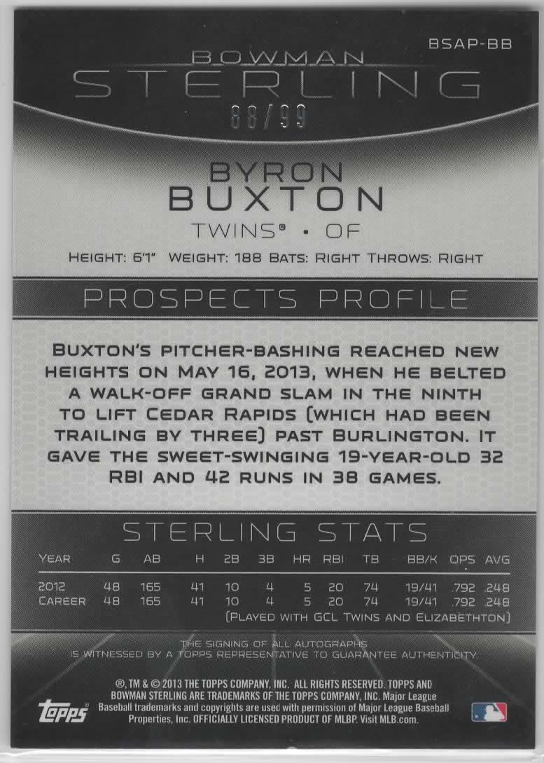 Byron Buxton 2013 Bowman Sterling Prospect Autographed Card #88/99